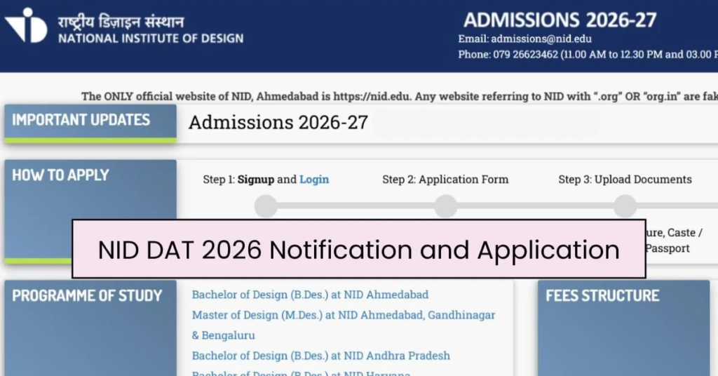 NID DAT 2026 registration and application portal for National Institute of Design admissions 2026-27.