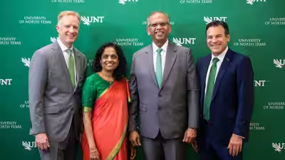 Left, Keller, Anuradha and Vikas Sinha, Brandon Buzbee, right/Image: University of North Texas.
