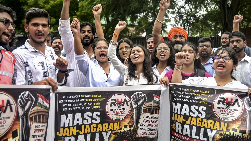Demonstrators take part in Reservation Hatao Andolan (RHA) Jan-Jagran Rally organised near Vidhan Bhawan in Nagpur on July 30, 2026. | PTI Photo